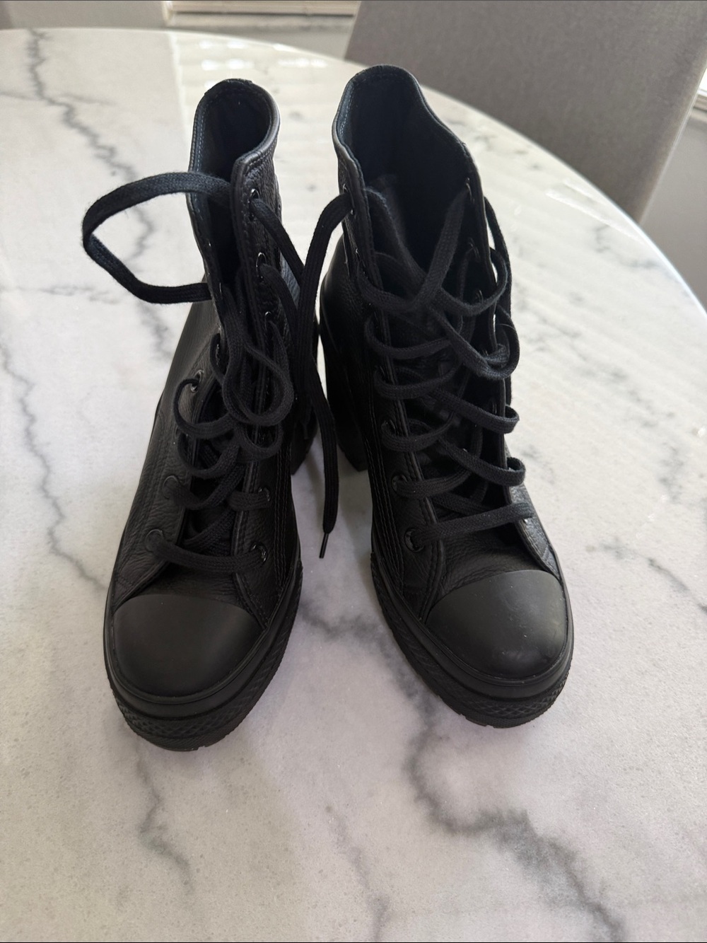 Converse Black Leather Lace-Up Chunky Heel Boots